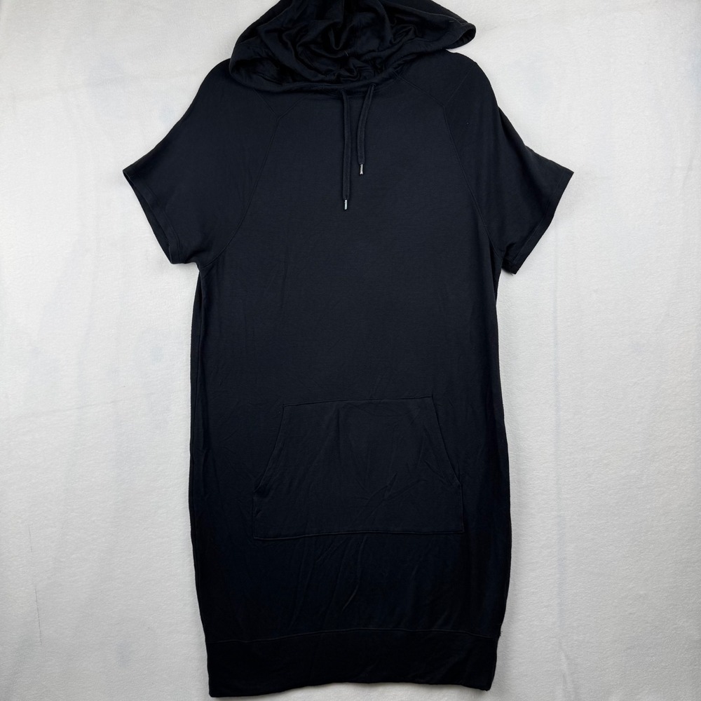 Athleta Womens Black Hooded Short Sleeve T Shirt Dress Pocket S Sporty Casual